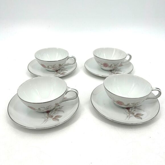 FINE CHINA JAPAN Set Of 4 Vintage Laura Teacup Saucer Plate Floral Platinum Trim - Picture 1 of 7